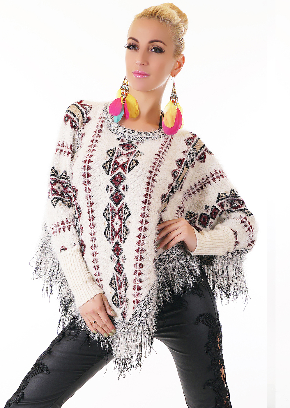 Luxusní pletený svetr/pončo s aztéckým vzorem