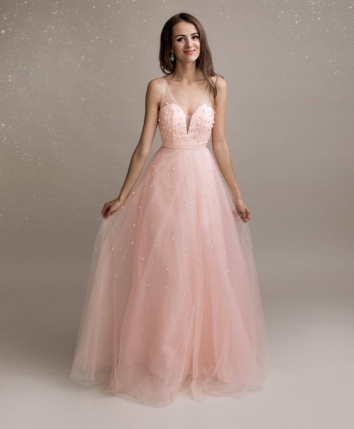 Dámské společenské dlouhé šaty ROSE s perličkami PINK